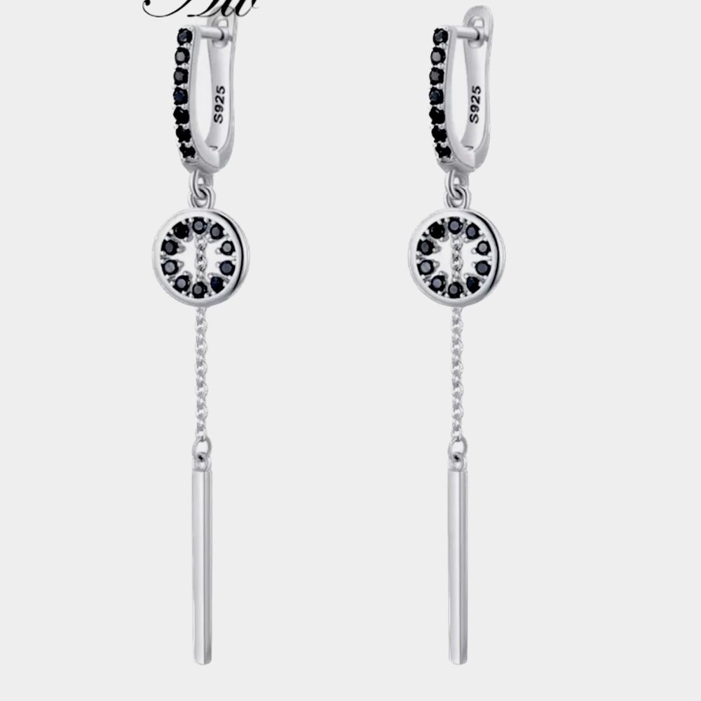 Sterling Silver Black Zircon Drop Long Earrings
